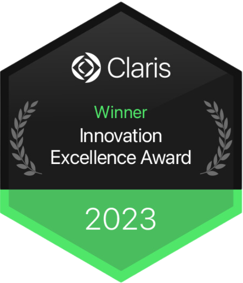 Claris Innovation Excellence Award Winner 2023 badge with laurel branches on a dark hexagon with a green base.