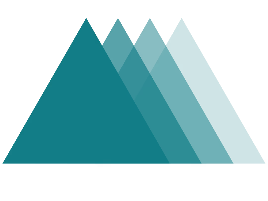 Four overlapping teal triangles forming a pattern resembling mountains.