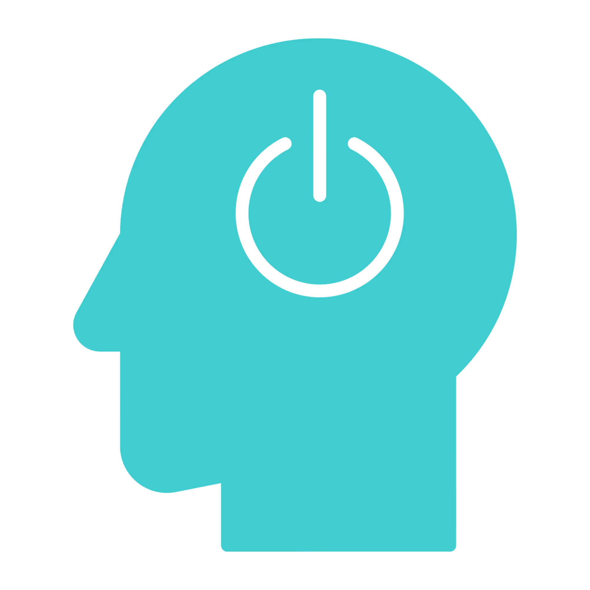 Turquoise silhouette of a human head with a black power button symbol inside the brain area.