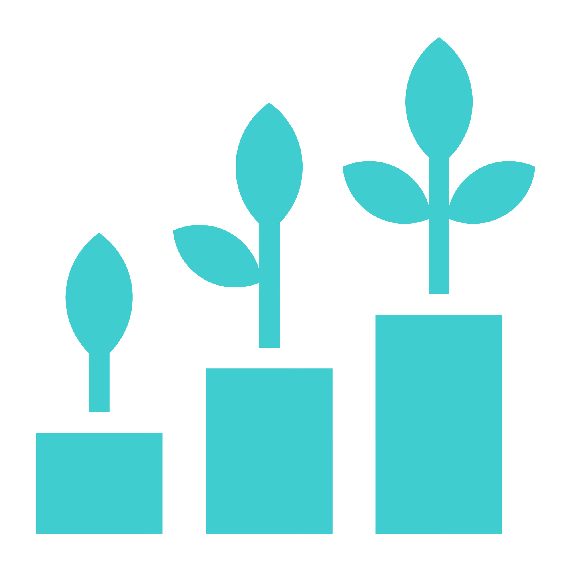 Three turquoise plant icons growing from rectangular blocks of increasing height, symbolizing growth and progress.