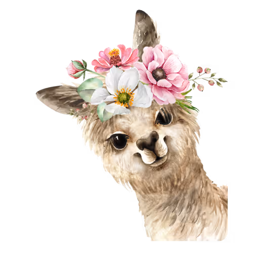 Watercolor illustration of a llama with a flower crown featuring pink and white blossoms.